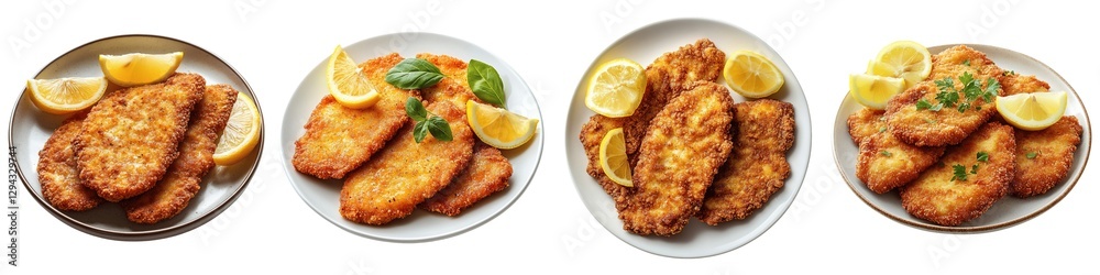 Set of Crispy Golden Brown Breaded Schnitzel with Lemon Wedges on a White Plate Set of Crispy Golden Brown Breaded Schnitzel with Lemon Wedges on a White Plate