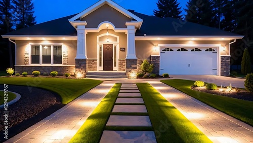 Illuminated Walkway & Landscaping Design for Suburban Home