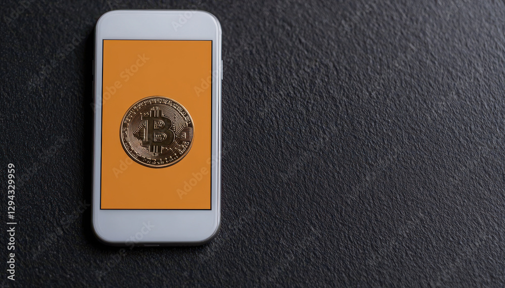 Obraz premium smartphone displaying Bitcoin on textured surface, symbolizing digital currency