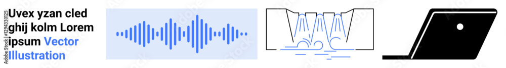 Soundwave graphic, abstract waterfall outline, black laptop profile. Ideal for tech, audio, nature, remote work, digital art innovation modern lifestyle. Abstract line flat metaphor Soundwave graphic, abstract waterfall outline, black laptop profile. Ideal for tech, audio, nature, remote work, digital art innovation modern lifestyle. Abstract line flat metaphor