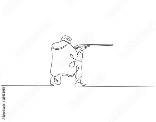 Continuous line drawing of man shooting. Single line illustration of man aiming using rifle shotgun. Hunter, shooting training, shooting sport concept. Editable outline
