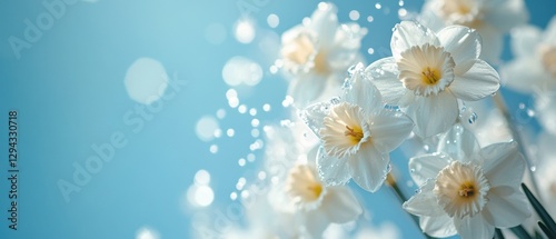 Serene daffodil blooms bathed in soft light against a tranquil blue sky evoking spring freshness and natural beauty in a floral close up