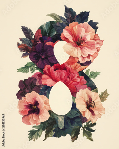 A decorative representation of the floral number 8 with a retro vibes. Combination of traditional art techniques, such as watercolor painting, with digital enhancements.