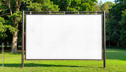 A large blank billboard with a black frame standing in a lush green park. Ideal for outdoor advertising, branding mockups, and promotional campaign designs in a realistic urban environment.