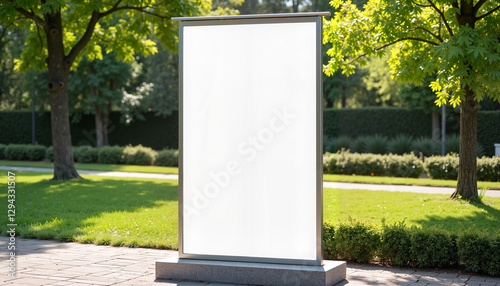 A tall, blank outdoor advertising banner standing in a park setting. Perfect for promotional campaigns, branding presentations, and outdoor marketing materials.