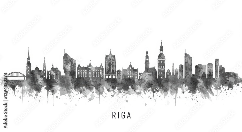 Fototapeta premium Black and white watercolor skyline of riga cityscape art with landmarks