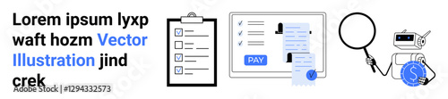 Clipboard with checkboxes, digital payment interface, magnifying glass, and robot safeguarding currency. Ideal for finance, productivity, audit, digital work, cybersecurity automation abstract line