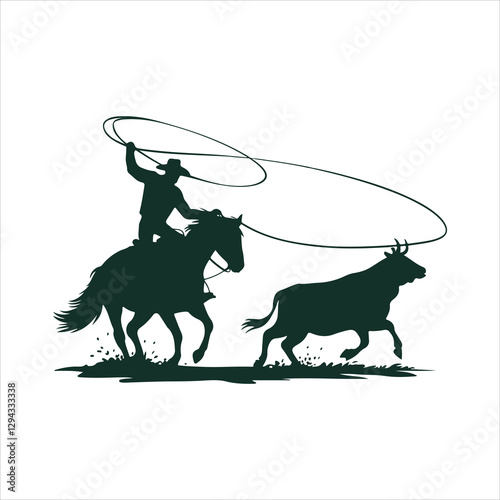 Cowboy Roping Cattle Silhouette on Horseback.