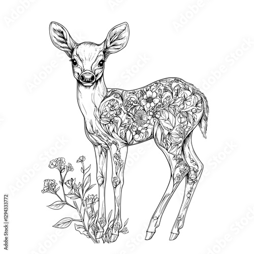 Floral Fawn: A delicate illustration depicts a young fawn intricately adorned with a pattern of flowers and foliage, standing beside a small cluster of wildflowers, conveying the beauty of nature