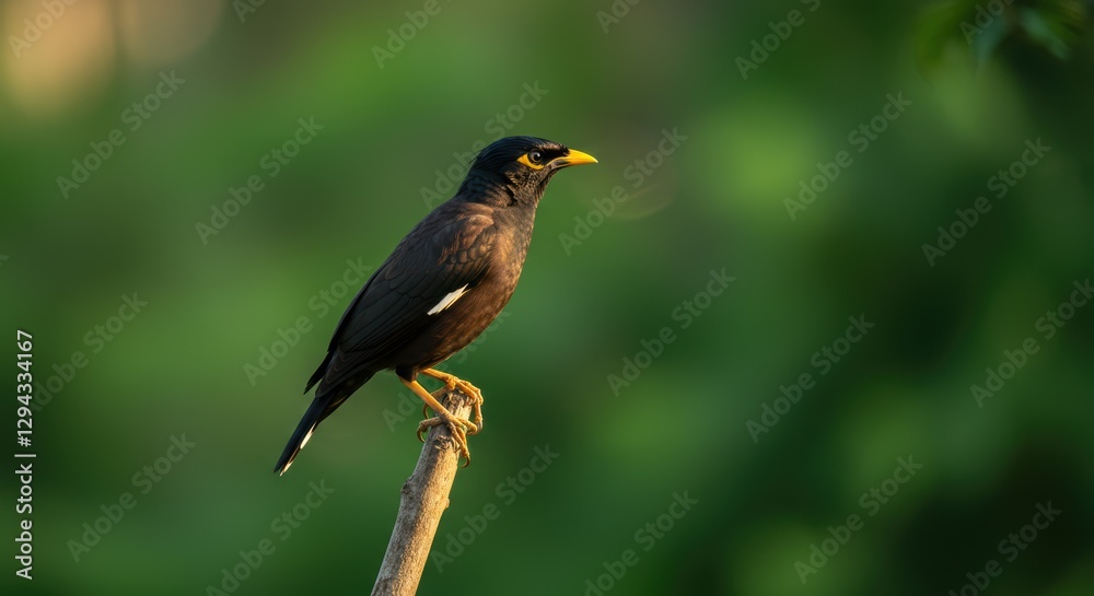 Common myna perched on branch against blurred green background in natural light Common myna perched on branch against blurred green background in natural light