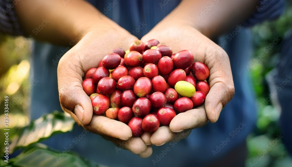 raw coffee red bean in hand in nature raw coffee red bean in hand in nature