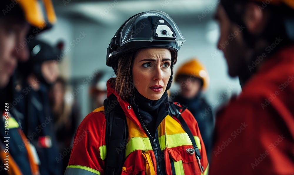Concerned firefighter looking toward a conversation. Concerned firefighter looking toward a conversation.