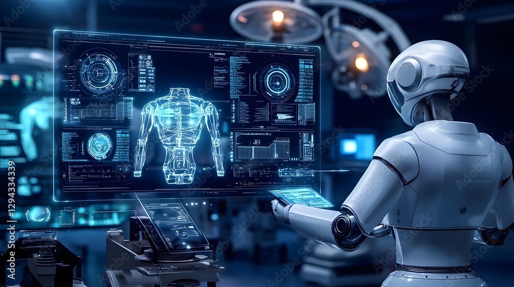 Futuristic high tech medical room with robotic assisted surgery in progress featuring glowing digital monitors displaying real time patient data and a sterile advanced healthcare environment