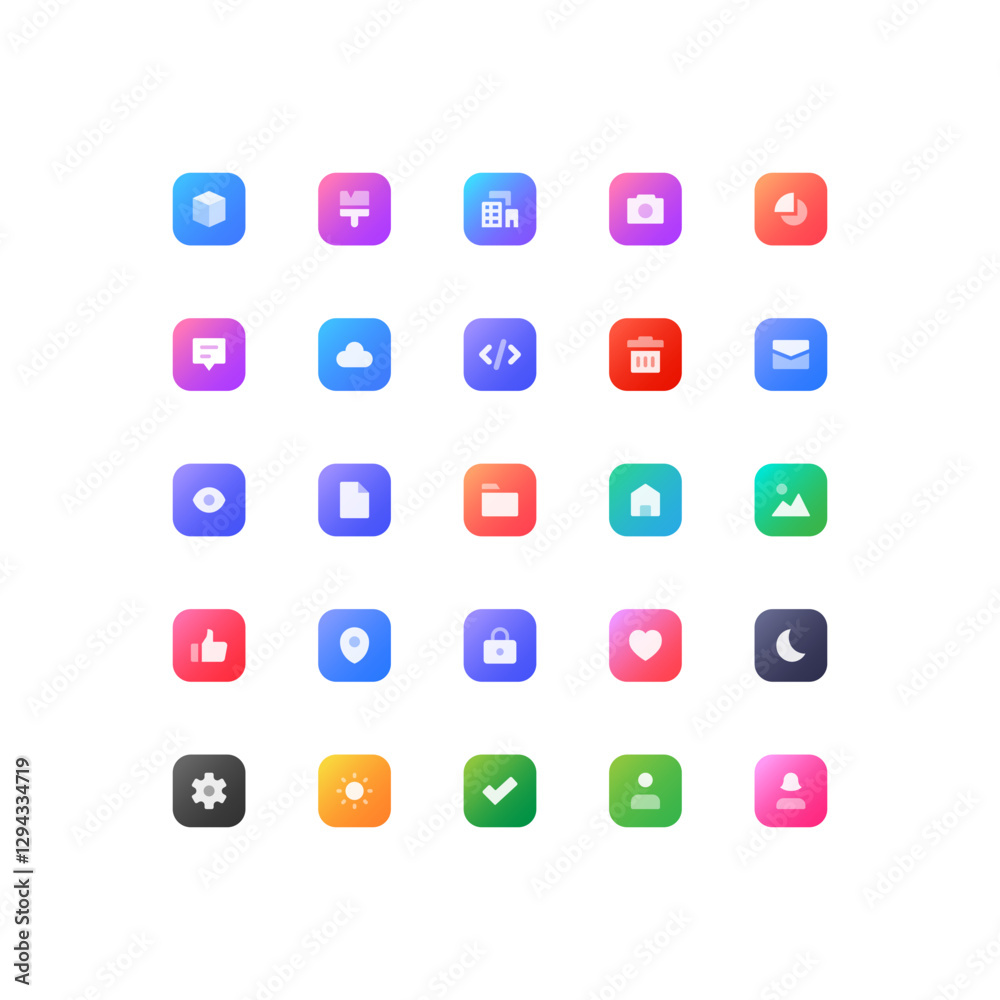 Smooth Subtle Gradient Icons. Including cube, brush, building, camera, pie chart, data, chat, cloud, code, trash bin, envelope, eye, file, folder, home, image, thumb up, location, lock illustration Smooth Subtle Gradient Icons. Including cube, brush, building, camera, pie chart, data, chat, cloud, code, trash bin, envelope, eye, file, folder, home, image, thumb up, location, lock illustration
