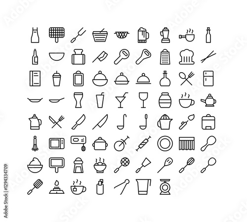 Kitchen Icons Outline. Including apron, grill, fork, basket, beer, blender, can opener, food scale, grater, cooking illustrations