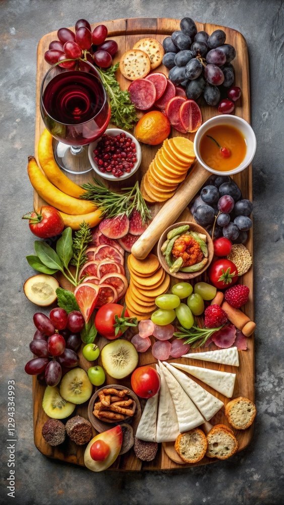 Flat lay of a perfectly styled charcuterie board, with fruits, cheese, and wine Flat lay of a perfectly styled charcuterie board, with fruits, cheese, and wine