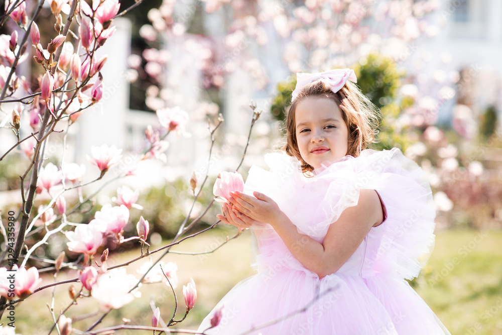 Fototapeta premium Child girl 5-6 year old smelling magnolia flower close up outdoors. Springtime. Childhood.