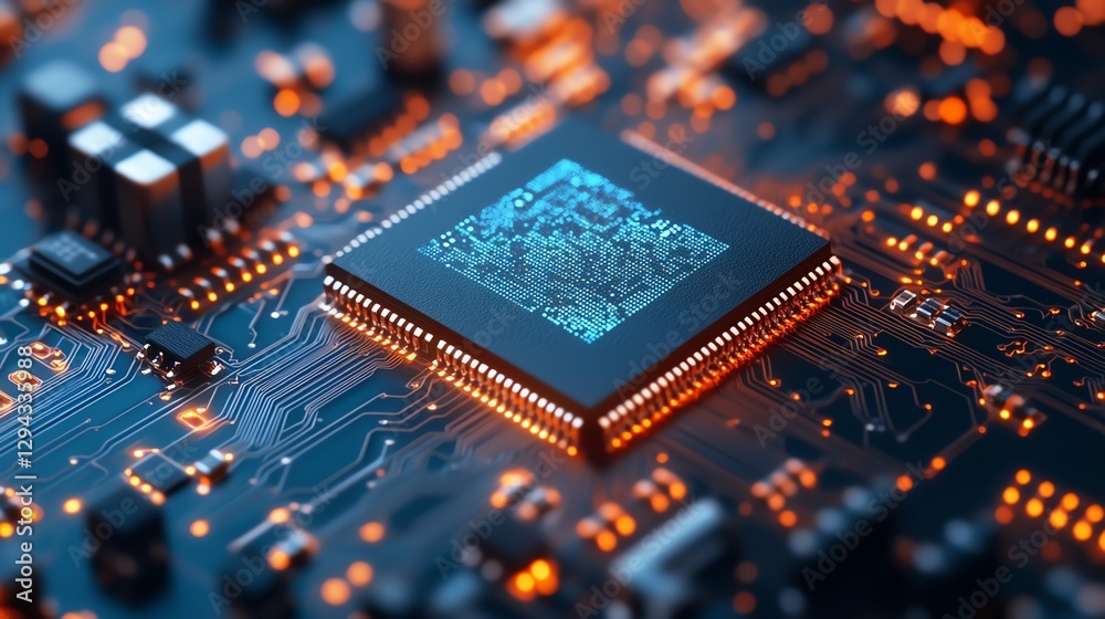Close-up of a microchip on a circuit board Close-up of a microchip on a circuit board