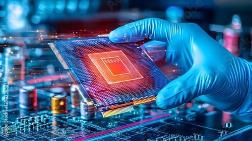 Gloved hand holding and showcasing a high tech microprocessor against a backdrop of advanced circuitry and futuristic laboratory lighting representing scientific innovation and technological progress