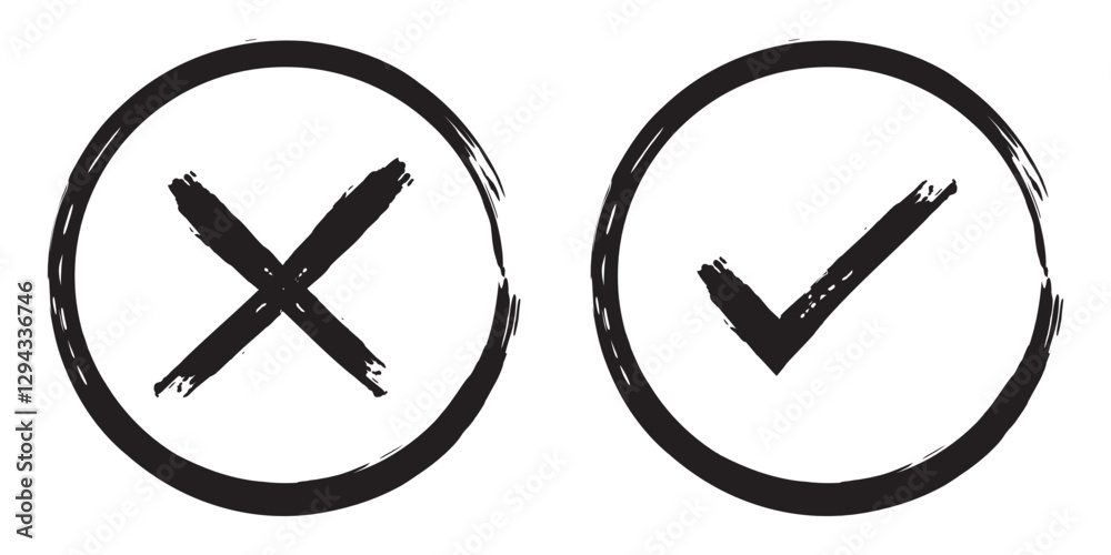 Vector set of check marks and cross marks in hand drawn brush style