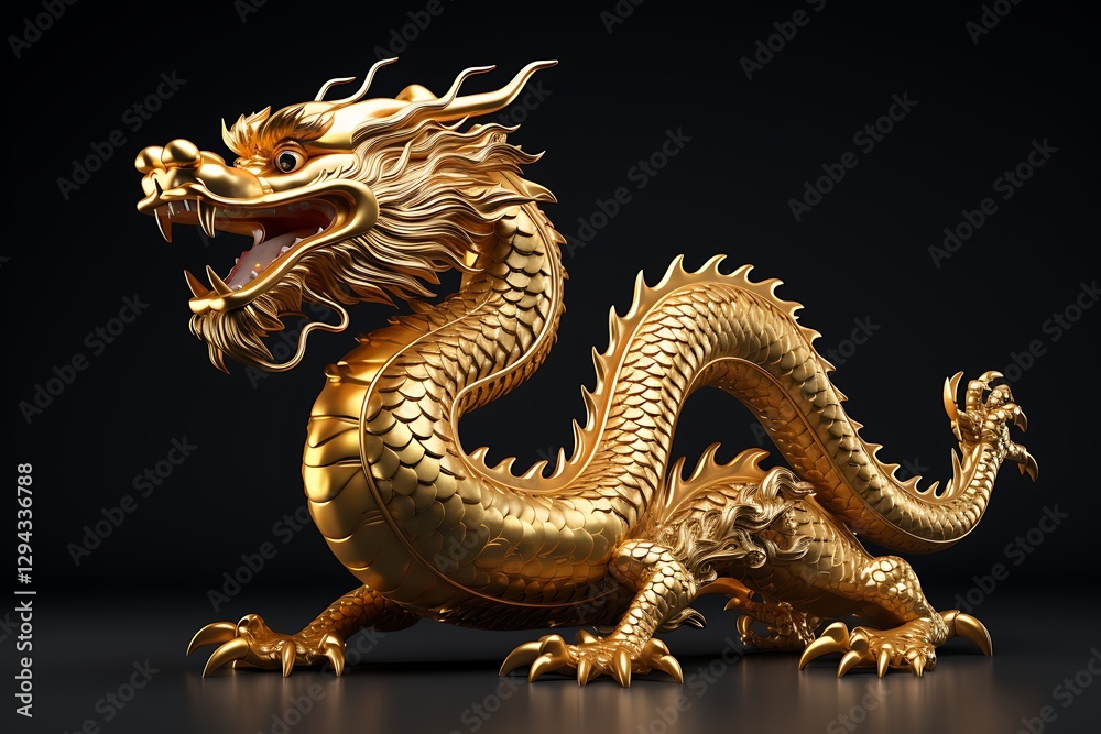 Obraz premium Majestic Golden Dragon Sculpture: A detailed, gleaming golden dragon sculpture, a symbol of power and prosperity.