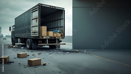 Broken-down delivery truck with open cargo doors – Indicating logistics failure, transportation delay, and supply chain crisis.