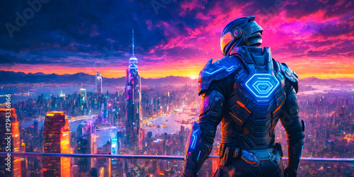 Futuristic Cityscape at Sunset with Cyborg