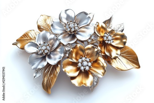 Gold and Silver Floral Brooch on White Background