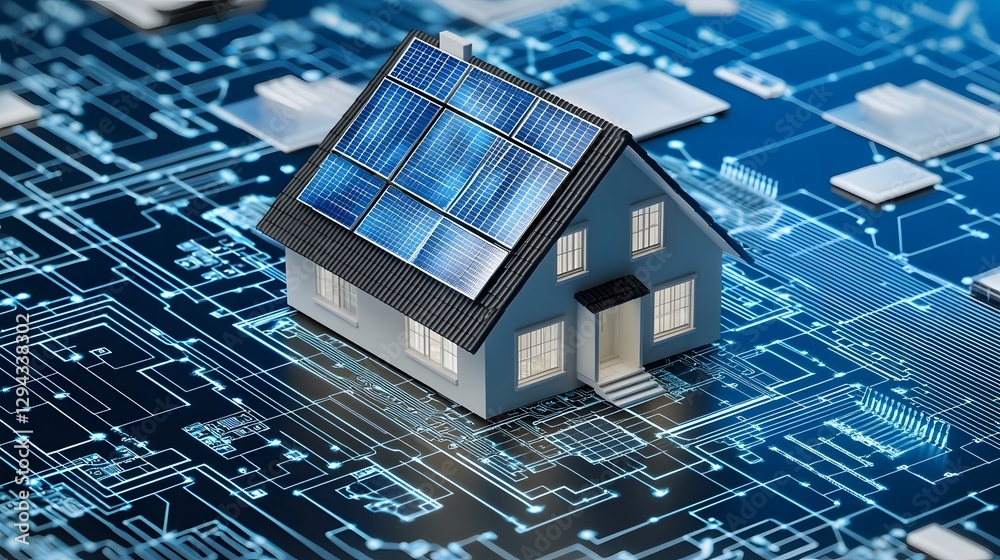 Highly detailed 3D isometric blueprint of an energy positive smart home featuring transparent solar panels AI assisted energy distribution and autonomous repair bots