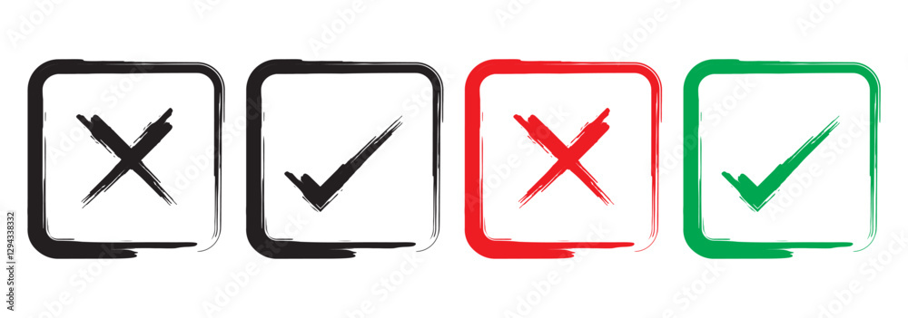 check mark, tick mark, and cross brush sign red checkmark and red X icons, buttons for vote, election choice decision, web. check mark, tick mark, and cross brush sign red checkmark and red X icons, buttons for vote, election choice decision, web.