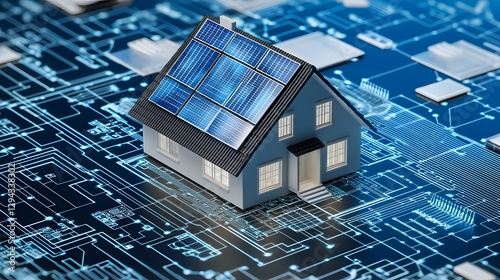 Obraz na płótnie Highly detailed 3D isometric blueprint of an energy positive smart home featuring transparent solar panels AI assisted energy distribution and autonomous repair bots w salonie