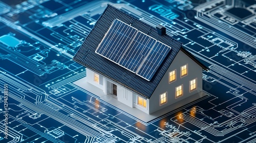 Highly detailed 3D isometric blueprint of an energy positive smart home featuring transparent solar panels AI assisted energy distribution and autonomous repair bots  This cutting edge