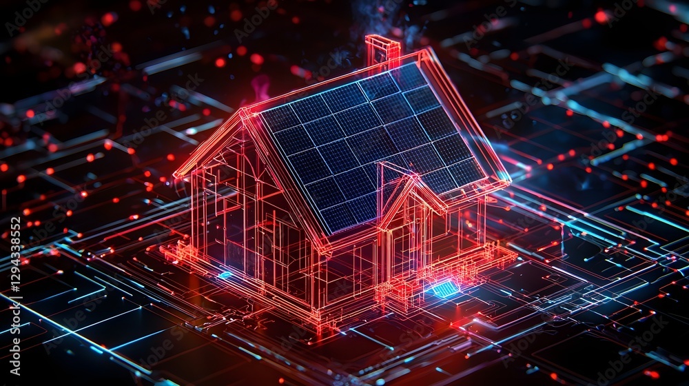Highly detailed 3D isometric blueprint of an energy positive smart home featuring transparent solar panels AI assisted energy distribution