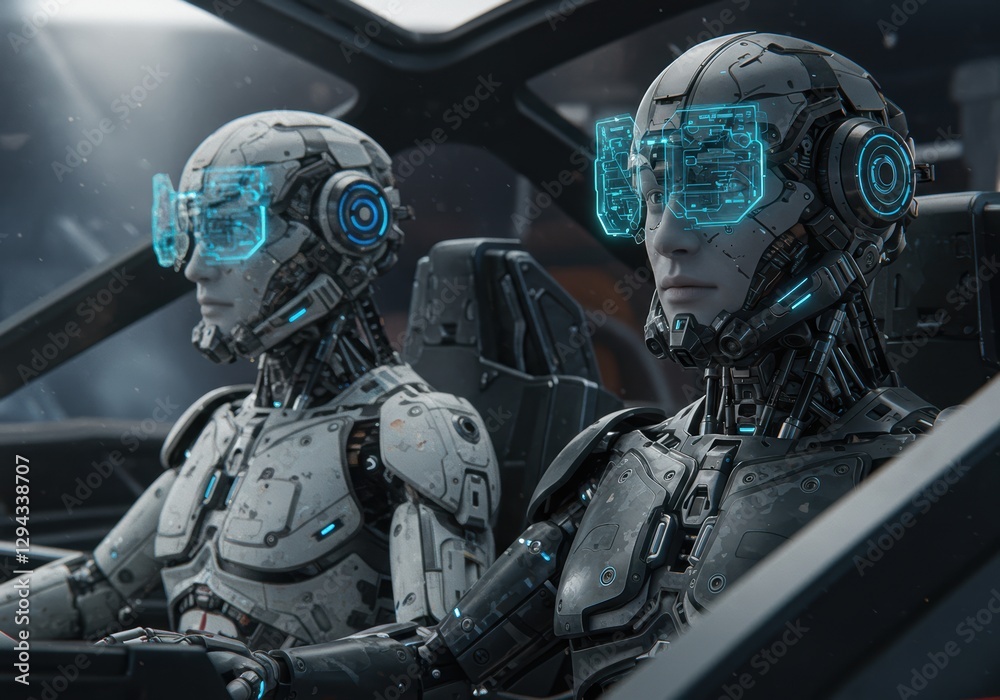 Advanced futuristic robots piloting a high-tech spaceship with holographic interfaces Advanced futuristic robots piloting a high-tech spaceship with holographic interfaces