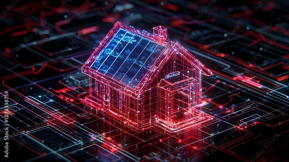 Highly detailed 3D isometric blueprint showcasing the design of an energy positive smart home featuring transparent solar panels AI assisted energy distribution