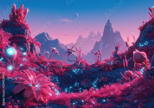 Surreal alien landscape at dusk with vibrant flora and majestic mountains