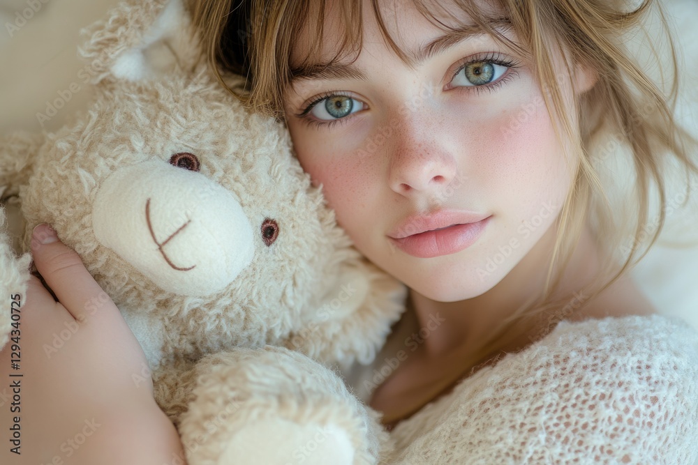 A young girl with freckles gently embraces her fluffy teddy bear, a tender moment of childhood innocence. A young girl with freckles gently embraces her fluffy teddy bear, a tender moment of childhood innocence.