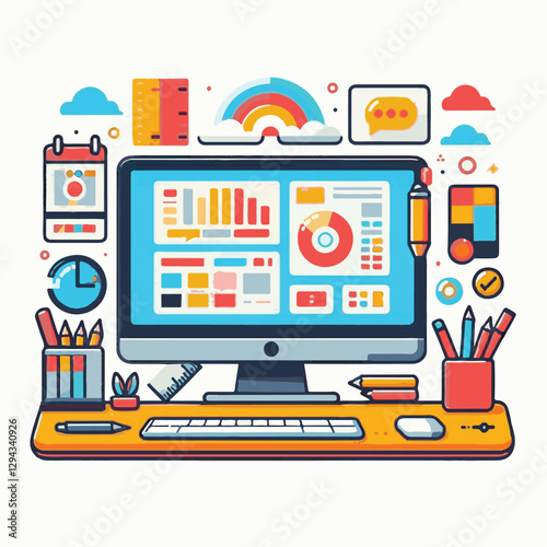 computer, technology, digital, business, communication, laptop, tech, device, design, pc, work, internet, office, web, desktop, monitor, employee, information, modern, data, electronic, vector, backgr