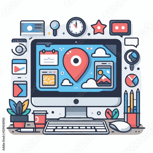 computer, technology, digital, business, communication, laptop, tech, device, design, pc, work, internet, office, web, desktop, monitor, employee, information, modern, data, electronic, vector, backgr