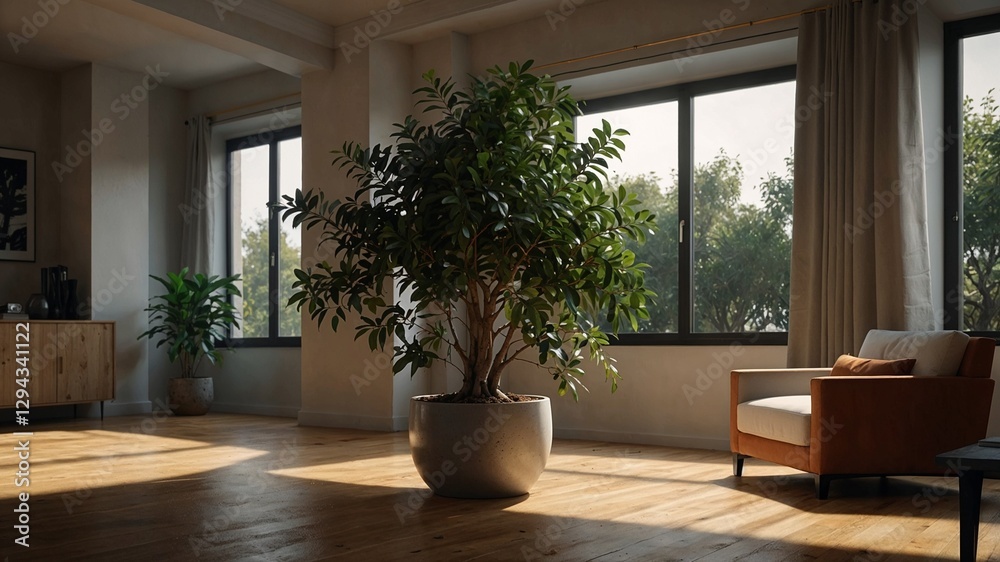 Fototapeta premium Bright living room with large indoor plant in a pot, natural light flooding through windows