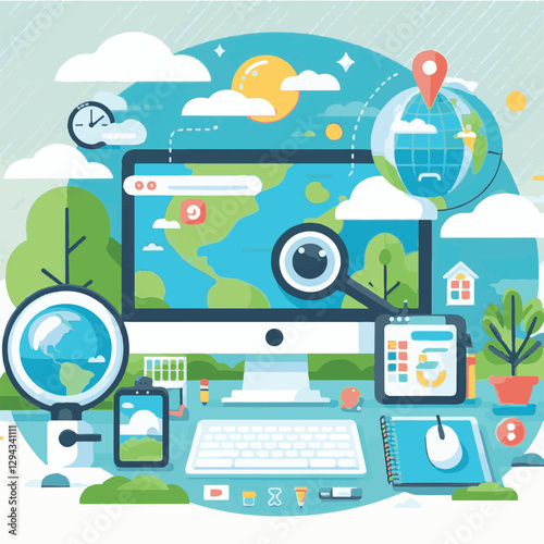 computer, technology, digital, business, communication, laptop, tech, device, design, pc, work, internet, office, web, desktop, monitor, employee, information, modern, data, electronic, vector, backgr