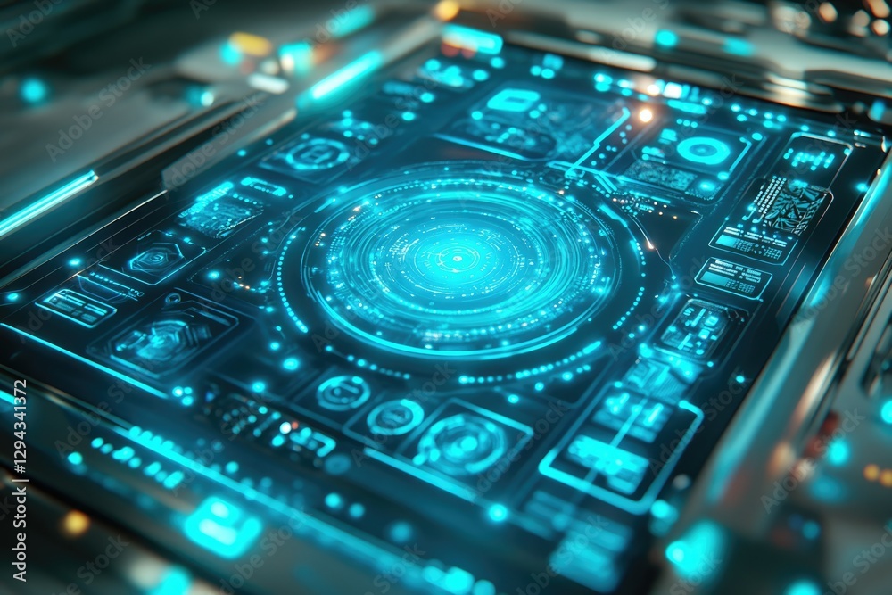 Futuristic digital interface with glowing cyan HUD elements, displaying various data points and circular progress indicators. Futuristic digital interface with glowing cyan HUD elements, displaying various data points and circular progress indicators.