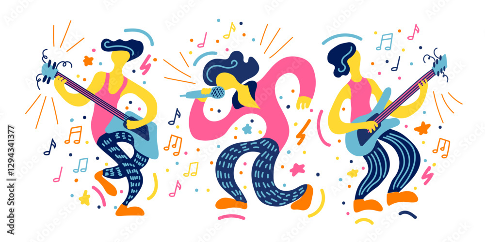 Obraz premium Vector flat illustration with doodle musicians. Music band plays their instruments. Bright color trendy design for print, textile, postcard, advertising, music festivals, musical groups