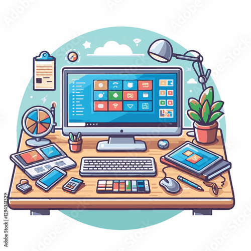 computer, technology, digital, business, communication, laptop, tech, device, design, pc, work, internet, office, web, desktop, monitor, employee, information, modern, data, electronic, vector, backgr