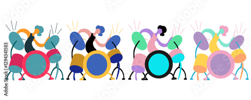 Vector flat illustration with doodle musician . Drummer plays his instruments. Bright color trendy design for print, textile, postcard, advertising, music festivals, musical groups