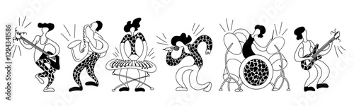 Vector flat illustration with doodle musicians. Music band plays their instruments. Fanny design for print, textile, postcard, advertising, music festivals, musical groups