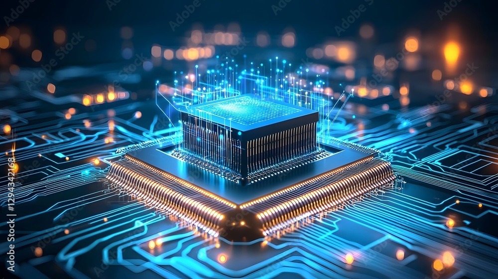 Obraz premium Luminous Quantum Microchip Visualization Showcasing Computing Breakthrough Abstract digital art depicting the future of high performance energy efficient computing powered by quantum technology