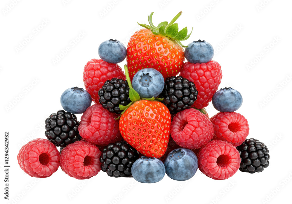 Isolated Mixed Berry Pyramid Composition with Strawberries, Raspberries, and Blueberries Isolated Mixed Berry Pyramid Composition with Strawberries, Raspberries, and Blueberries