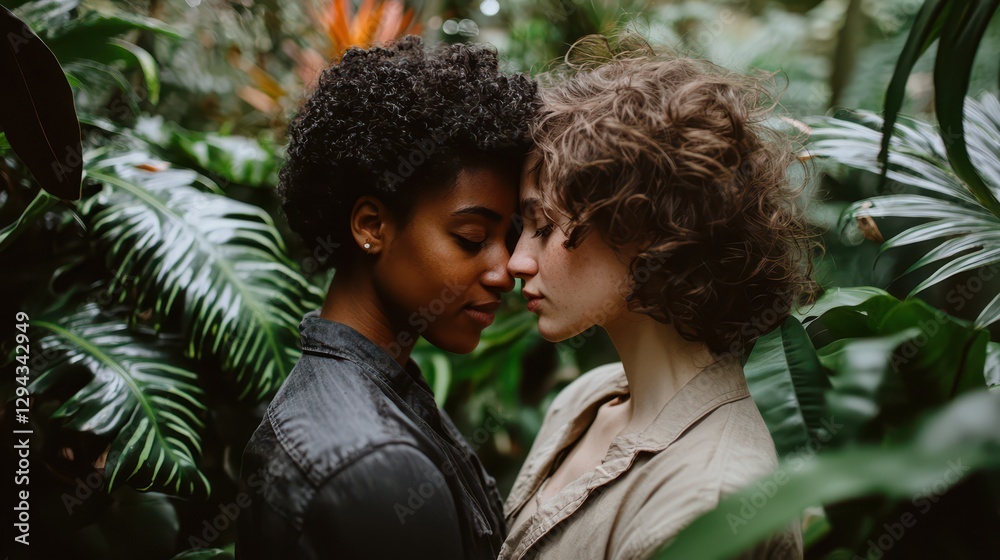 Intimate Moment Between Two Non-Binary Individuals Surrounded by Lush Greenery in a Natural Setting Sharing a Deep Emotional Connection Intimate Moment Between Two Non-Binary Individuals Surrounded by Lush Greenery in a Natural Setting Sharing a Deep Emotional Connection