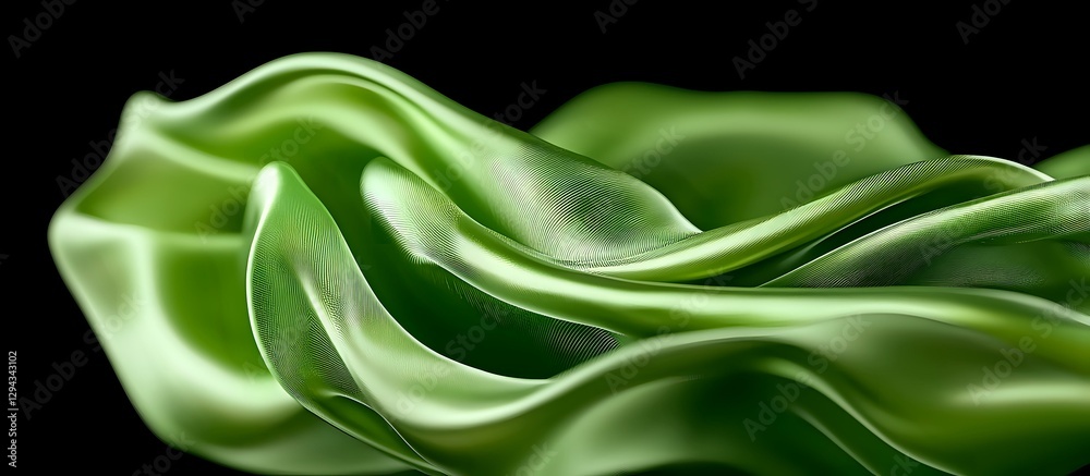 Luxurious green silk fabric with elegant folds and waves creates dramatic light and shadow effect on black background, suitable for fashion and luxury designs. Luxurious green silk fabric with elegant folds and waves creates dramatic light and shadow effect on black background, suitable for fashion and luxury designs.